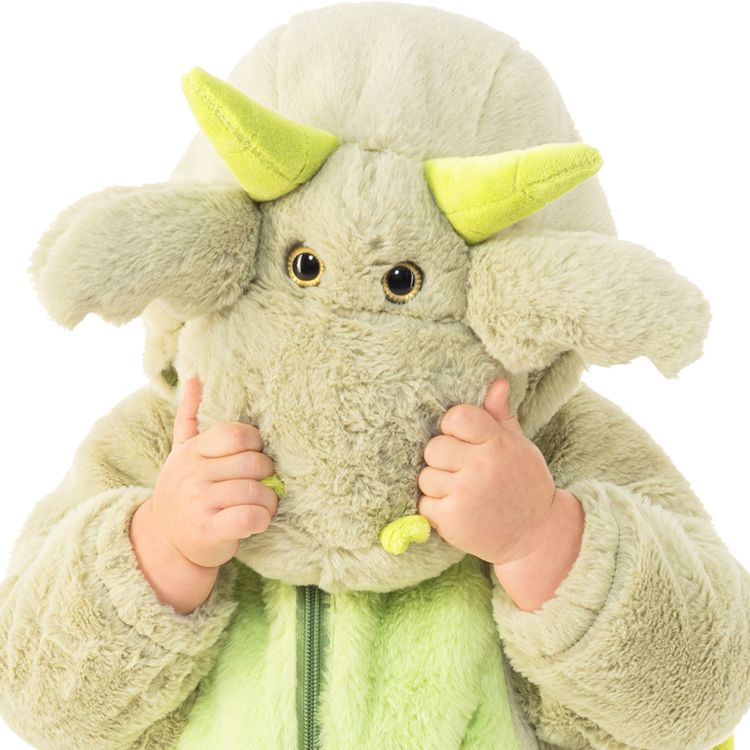 Drachen Kostüm Kleiner Mini Drache Yari von Vorne und die Hände auf den Kapuzenkopf gelegt