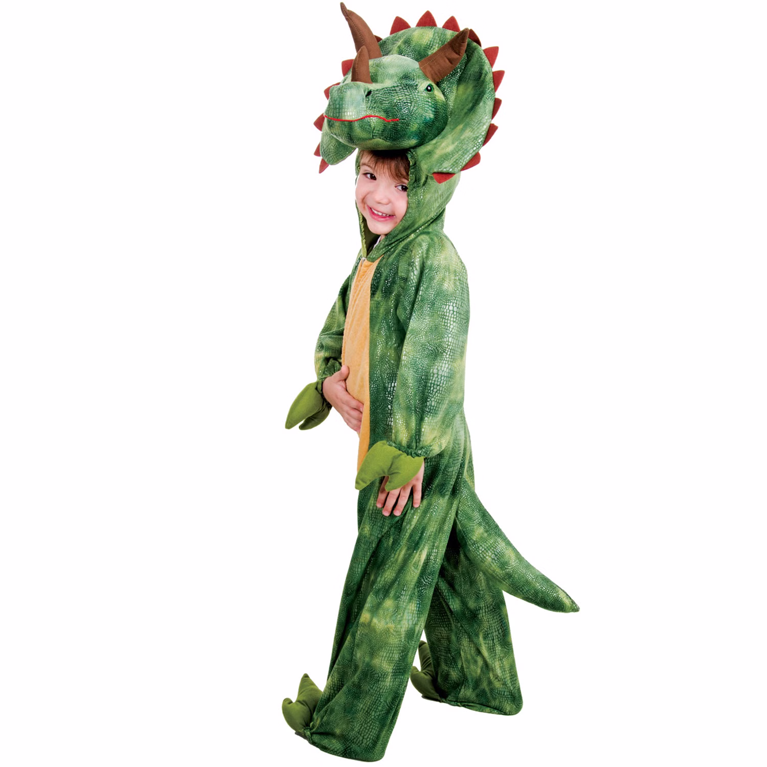Dino Kostüm Triceratops für Kinder Gr. 104-140 grün Saurier Tier Tierkostüm Dinosaurier Fasching Karneval Mottoparty Kinderfasching Kindergeburtstag Dino Kostüm Triceratops für Kinder mit Kapuze als Dinosaurier-Kopf seitlich von Hinten