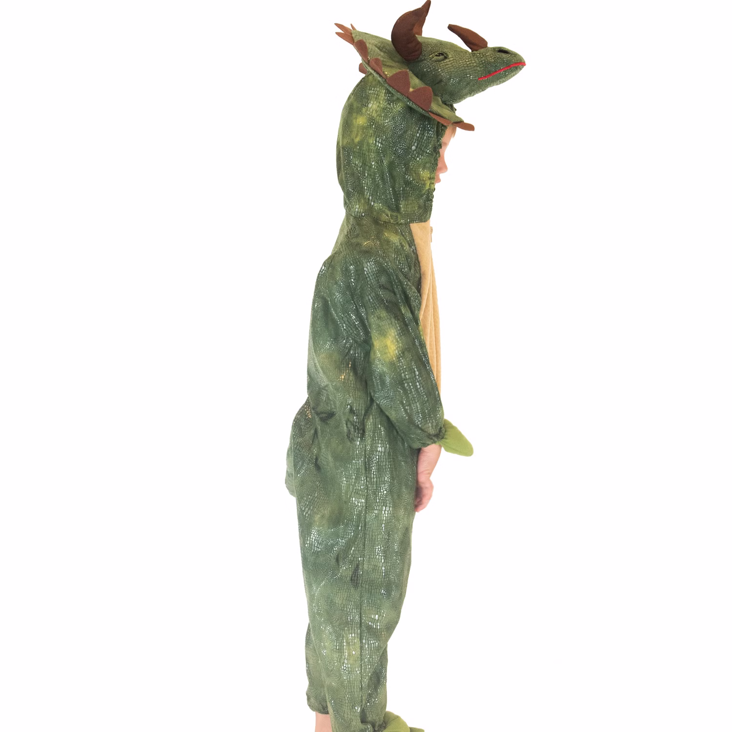 Dino Kostüm Triceratops für Kinder Gr. 104-140 grün Saurier Tier Tierkostüm Dinosaurier Fasching Karneval Mottoparty Kinderfasching Kindergeburtstag Dino Kostüm Triceratops für Kinder mit Kapuze als Dinosaurier-Kopf von der Seite