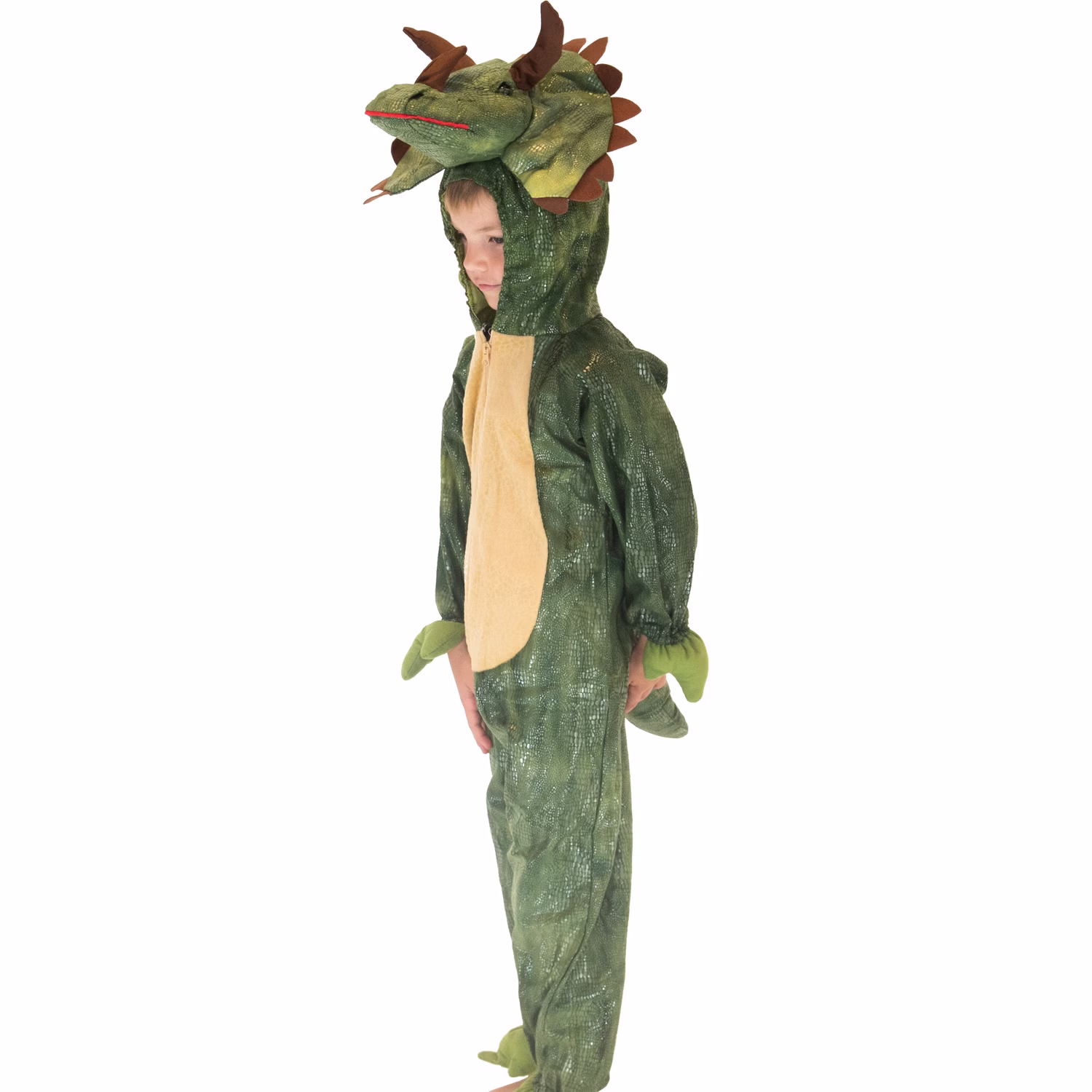Dino Kostüm Triceratops für Kinder Gr. 104-140 grün Saurier Tier Tierkostüm Dinosaurier Fasching Karneval Mottoparty Kinderfasching Kindergeburtstag Dino Kostüm Triceratops für Kinder mit Kapuze als Dinosaurier-Kopf seitlich von Vorne