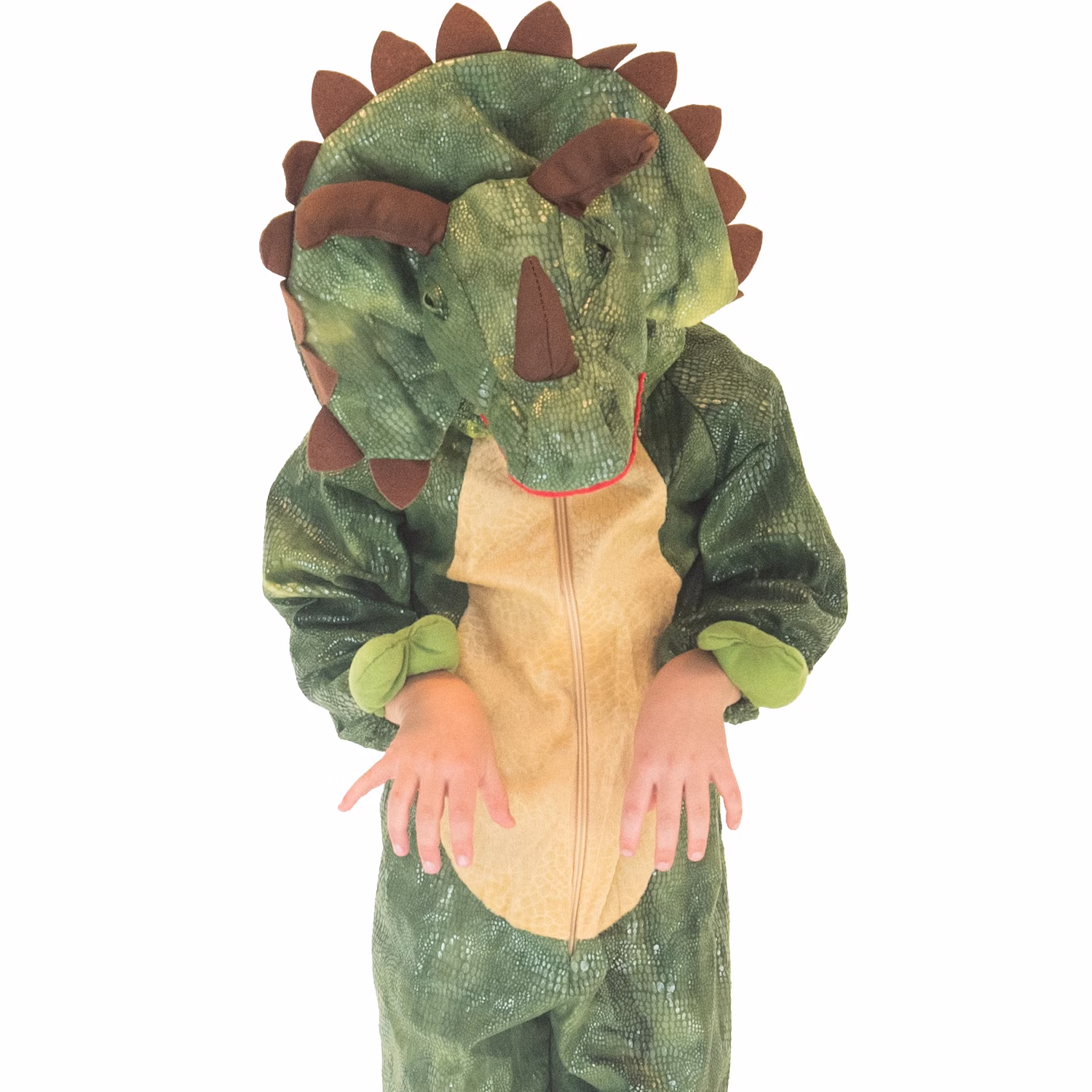 Dino Kostüm Triceratops für Kinder Gr. 104-140 grün Saurier Tier Tierkostüm Dinosaurier Fasching Karneval Mottoparty Kinderfasching Kindergeburtstag Detailfoto Dino Kostüm Triceratops für Kinder mit Kapuze als Dinosaurier-Kopf von Vorne