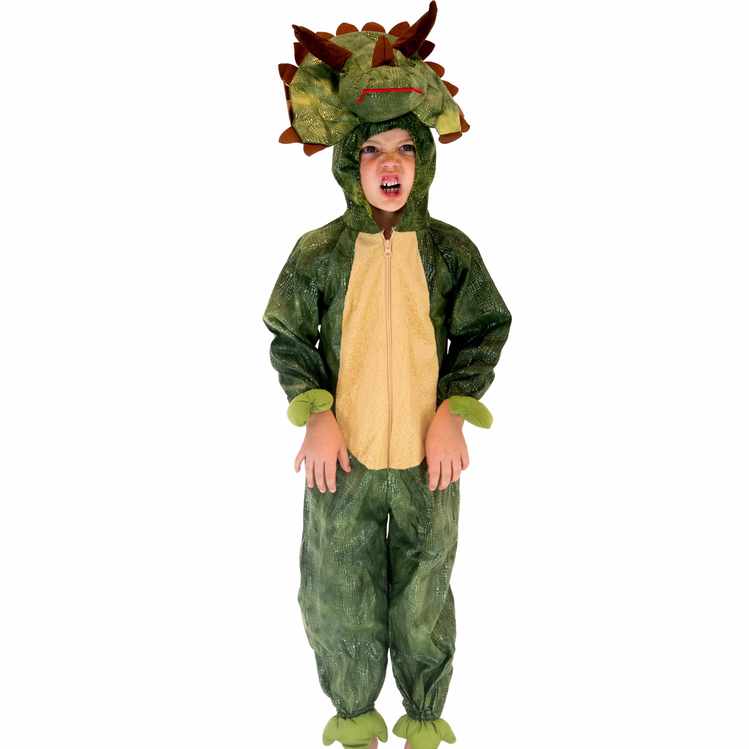 Dino Kostüm Triceratops für Kinder Gr. 104-140 grün Saurier Tier Tierkostüm Dinosaurier Fasching Karneval Mottoparty Kinderfasching Kindergeburtstag Dino Kostüm Triceratops für Kinder mit Kapuze als Dinosaurier-Kopf von Vorne