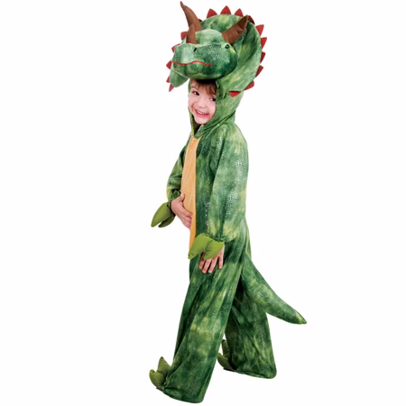 Dino Kostüm Triceratops für Kinder Gr. 104-140 grün Saurier Tier Tierkostüm Dinosaurier Fasching Karneval Mottoparty Kinderfasching Kindergeburtstag Dino Kostüm Triceratops für Kinder mit Kapuze als Dinosaurier-Kopf seitlich von Hinten
