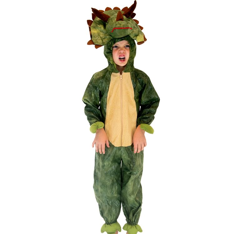 Dino Kostüm Triceratops für Kinder Dino Kostüm Triceratops für Kinder mit Kapuze als Dinosaurier-Kopf seitlich von Hinten