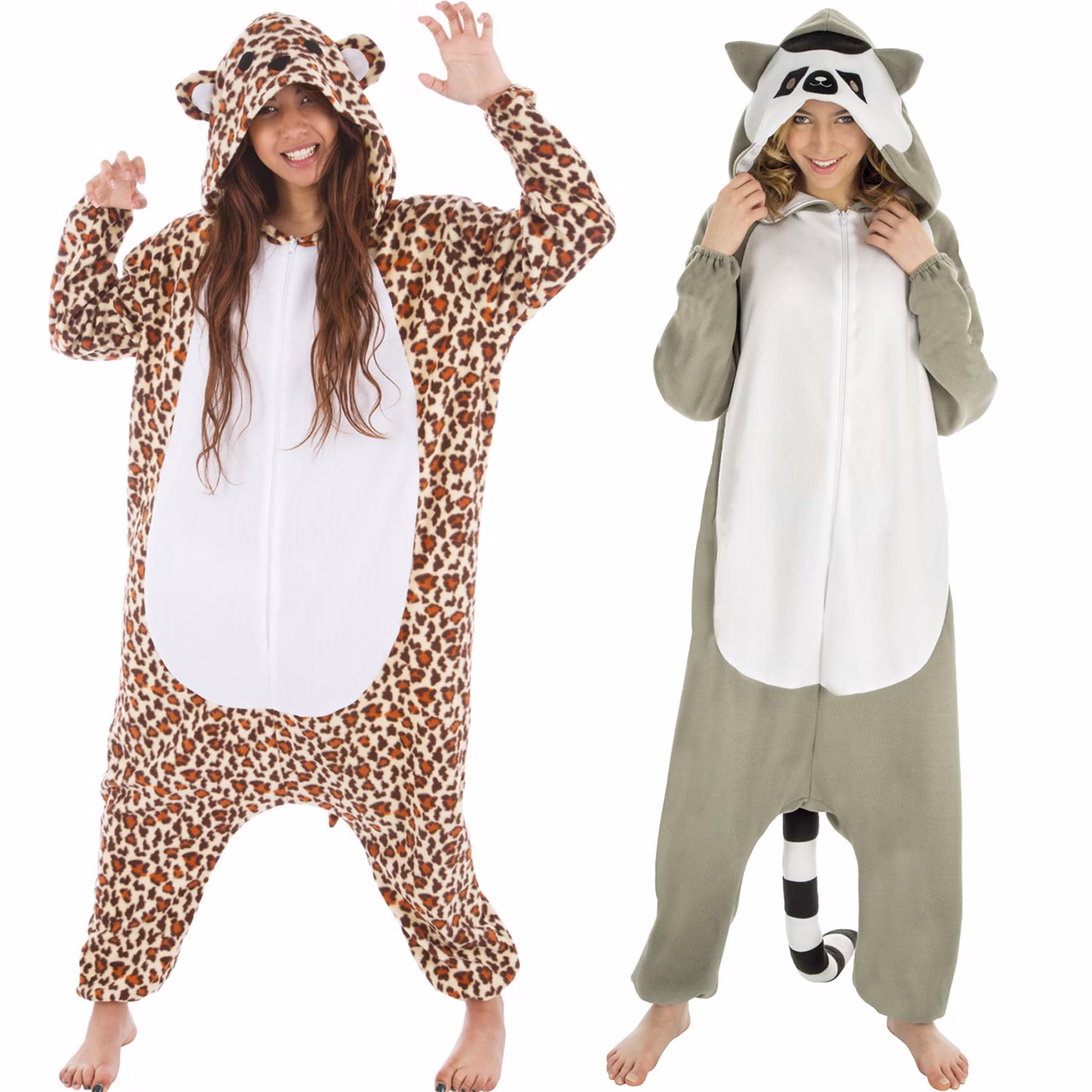 Waschbär Kostüm Kigurumi für Damen Gr. M grau weiß Tier Tierkostüm Pyjama Fasching Karneval Mottoparty Waschbär Kostüm und Leopard Kostüm Kigurumi für Damen von Vorne