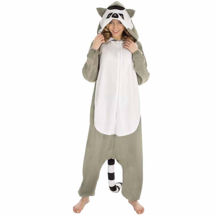 Waschbär Kostüm Kigurumi für Damen Gr. M grau weiß Tier Tierkostüm Pyjama Fasching Karneval Mottoparty Waschbär Kostüm Kigurumi für Damen von Vorne
