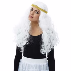 Engel Perücke weiße Langhaar-Perücke mit Locken und goldenem Stirnband für Erwachsene von Vorne