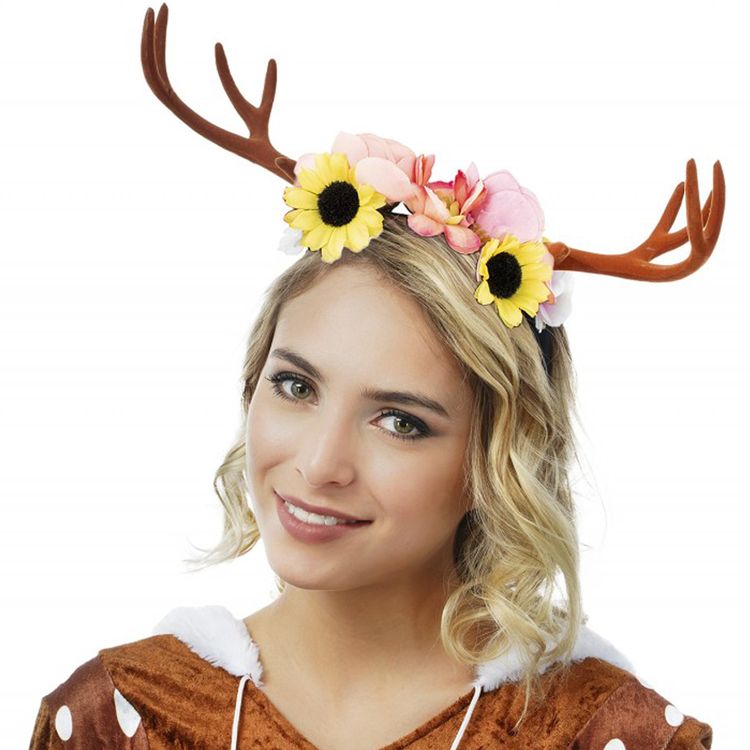 Haarreif in Reh-Optik mit Geweih und Blumen in der Mitte