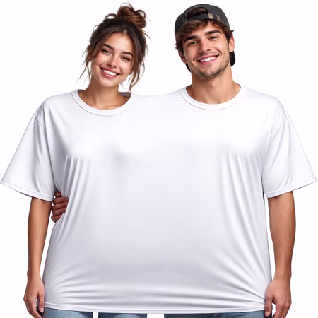 Doppel T Shirt weiß Paar Ein Paar trägt gemeinsam das weiße unbedruckte Doppel-T-Shirt für zwei Personen und lächelt in die Kamera. Hinweis: KI generiertes Bild