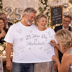 Älteres Ehepaar trägt das gemeinsam beschriftete Doppel-T-Shirt zur Silberhochzeit, während ein Gast Glückwünsche darauf schreibt. Hinweis: KI generiertes Bild