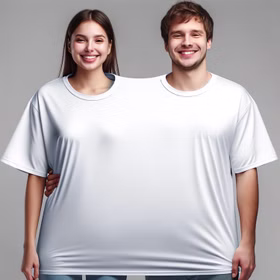 Doppel T-Shirt für zwei Personen mit zwei Kopföffnungen von Vorne mit grauem Hintergrund