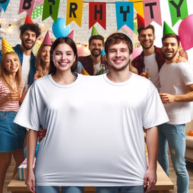 Doppel T-Shirt für zwei Personen mit zwei Kopföffnungen im Hintergrund eine Geburtstagsfeier