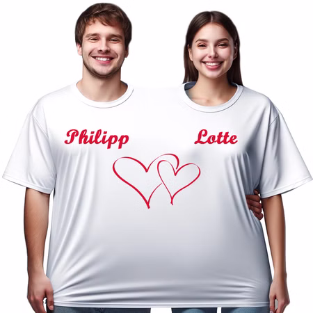 Doppel T-Shirt für 2 Personen mit Vorname Partyspaß für Geburtstage & Hochzeiten Partyspiel Fun-T-Shirt Fasching Karneval Mottoparty Wunschname Doppel T-Shirt für zwei Personen mit individuellem Wunschnamen Philipp und Lotte als Beispiel bedruckt und Doppelherz von Vorne
