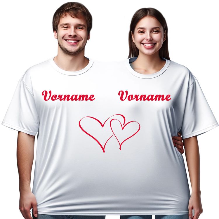 Doppel T-Shirt für 2 Personen mit Vorname Partyspaß für Geburtstage & Hochzeiten Doppel T-Shirt für zwei Personen mit individuellem Wunschnamen Philipp und Lotte als Beispiel bedruckt und Doppelherz von Vorne