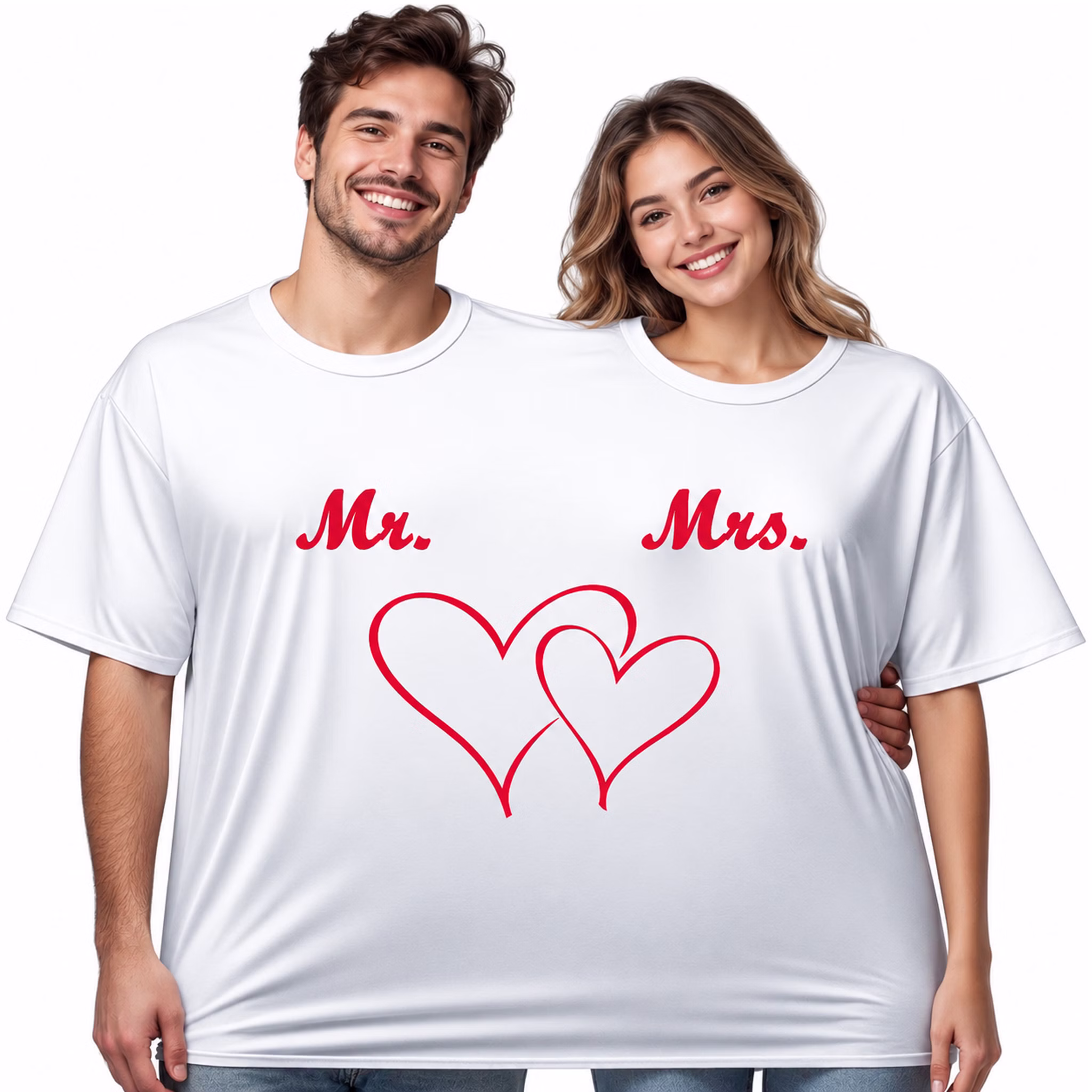 Doppel T Shirt Mr Mrs Doppelherz Paar Lachendes Paar trägt gemeinsam das weiße Doppel-T-Shirt mit rotem „Mr.“- und „Mrs.“-Aufdruck sowie Doppelherz-Motiv. Hinweis: KI generiertes Bild
