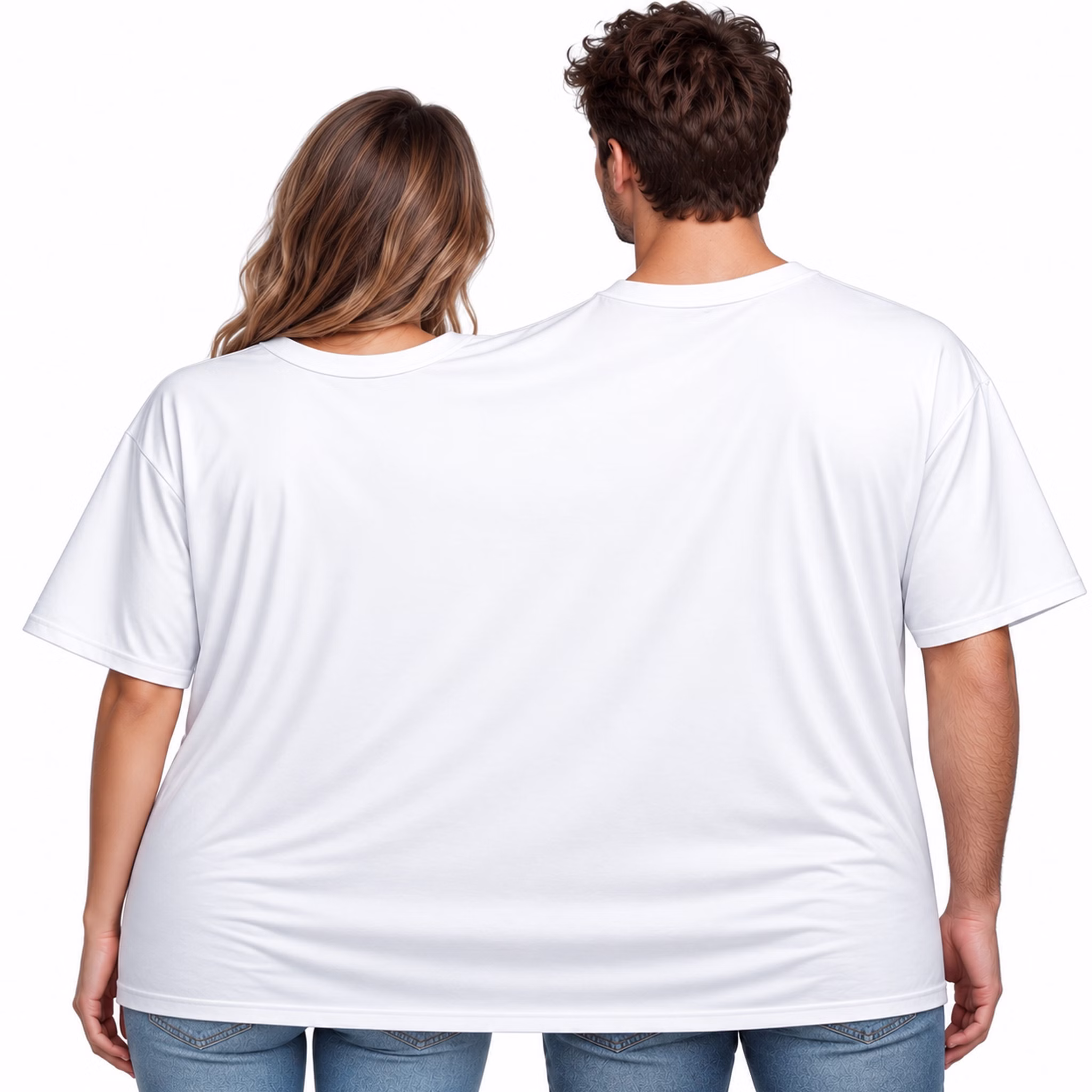 Doppel T Shirt Mr Mrs Herz Rückansicht Frau und Mann tragen gemeinsam das weiße Doppel-T-Shirt für zwei Personen in der Rückansicht vor weißem Hintergrund. Hinweis: KI generiertes Bild