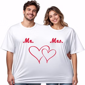 Doppel T Shirt Mr Mrs Doppelherz Paar Lachendes Paar trägt gemeinsam das weiße Doppel-T-Shirt mit rotem „Mr.“- und „Mrs.“-Aufdruck sowie Doppelherz-Motiv. Hinweis: KI generiertes Bild