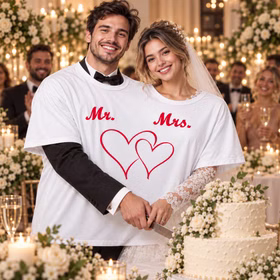 Doppel T Shirt Mr Mrs Hochzeit Tortenanschnitt Brautpaar trägt das Doppel-T-Shirt „Mr. & Mrs.“ mit Doppelherz und schneidet gemeinsam die Hochzeitstorte an. Hinweis: KI generiertes Bild