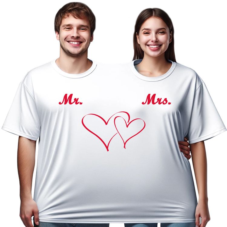 Doppel T-Shirt für zwei Personen mit Mr.und Mrs. bedruckt und Doppelherz von Vorne