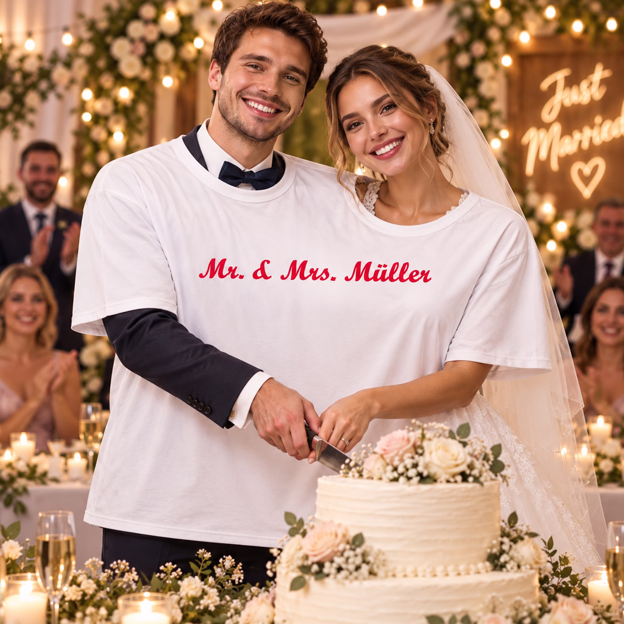 Doppel T Shirt Mr Mrs Müller Hochzeitstorte Brautpaar im personalisierten Doppel-T-Shirt „Mr. & Mrs. Müller“ schneidet gemeinsam die Hochzeitstorte an. Hinweis: KI generiertes Bild