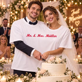 Doppel T Shirt Mr Mrs Müller Hochzeitstorte Brautpaar im personalisierten Doppel-T-Shirt „Mr. & Mrs. Müller“ schneidet gemeinsam die Hochzeitstorte an. Hinweis: KI generiertes Bild