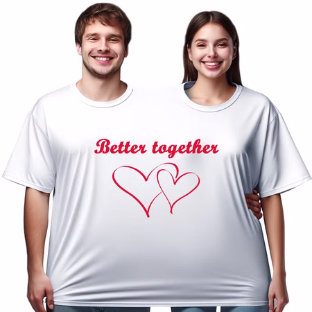 Doppel T-Shirt für 2 Personen mit Spruch Partyspaß für Geburtstage & Hochzeiten Partyspiel Fun-T-Shirt Fasching Karneval Mottoparty Wunschname Doppel T-Shirt für zwei Personen mit zwei Kopföffnungen und Spruch Better together mit Doppelherz von Vorne