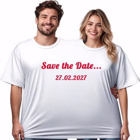 Doppel T-Shirt Save the Date Wunschdatum Eine Frau und ein Mann tragen gemeinsam das personalisierte Doppel-T-Shirt „Save the Date“ mit beispielhaftem Wunschdatum 27.02.2027. Hinweis: KI generiertes Bild