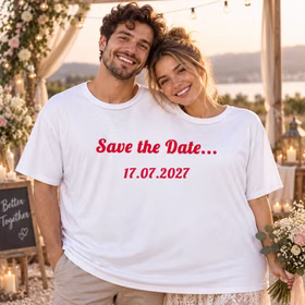 Doppel T-Shirt Save the Date Hochzeit Ein Paar trägt gemeinsam das personalisierte Doppel-T-Shirt „Save the Date“ mit Datum 17.07.2027 in romantischer Hochzeitsatmosphäre. Hinweis: KI generiertes Bild