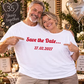 Doppel T-Shirt Save the Date Jubiläum Ein älteres Paar trägt gemeinsam das personalisierte Doppel-T-Shirt „Save the Date“ bei einer Feier zum langjährigen gemeinsamen Jubiläum. Hinweis: KI generiertes Bild
