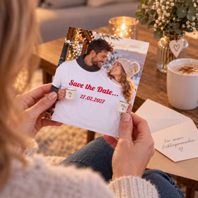 Doppel T-Shirt Save the Date Einladungskarte Eine Person hält eine Save-the-Date-Karte mit Foto eines Paares im Doppel-T-Shirt und dem Termin 27.02.2027 in den Händen. Hinweis: KI generiertes Bild