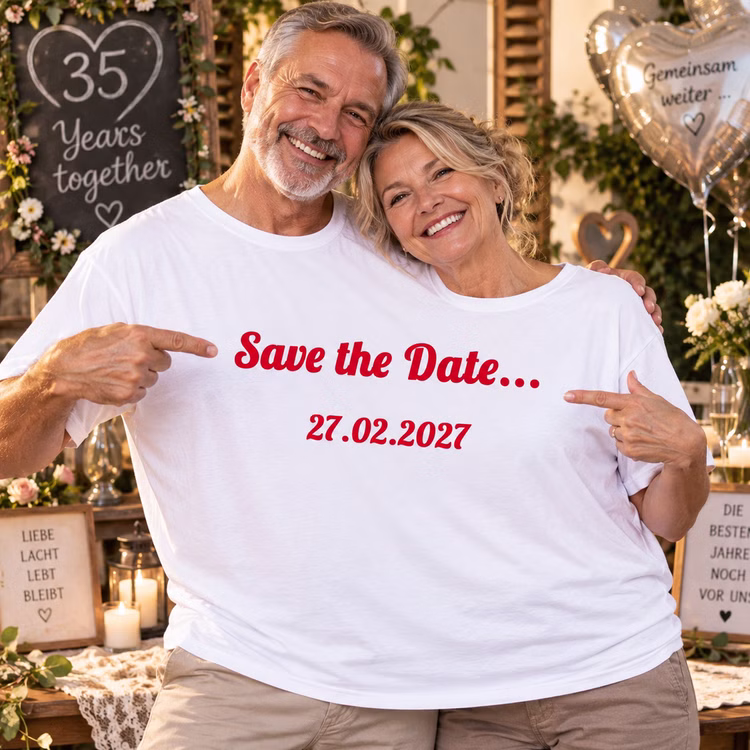 Doppel T-Shirt Save the Date Jubiläum Ein älteres Paar trägt gemeinsam das personalisierte Doppel-T-Shirt „Save the Date“ bei einer Feier zum langjährigen gemeinsamen Jubiläum. Hinweis: KI generiertes Bild