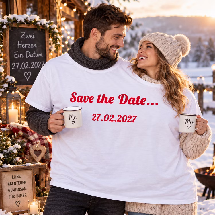 Doppel T-Shirt Save the Date Winterhochzeit Ein Paar trägt gemeinsam das Doppel-T-Shirt „Save the Date“ mit Wunschdatum 27.02.2027 vor winterlicher Kulisse mit Schnee und Lichtern. Hinweis: KI generiertes Bild