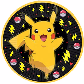 Pokémon Pappteller 8 Stück Ø 23 cm Pikachu Partygeschirr Geburtstag Deko Partyzubehör Kindergeburtstag gedeckter Tisch Runder schwarzer Pokémon-Pappteller mit gelbem Rand, großem Pikachu-Motiv, Pokébällen und gelben Blitzen.