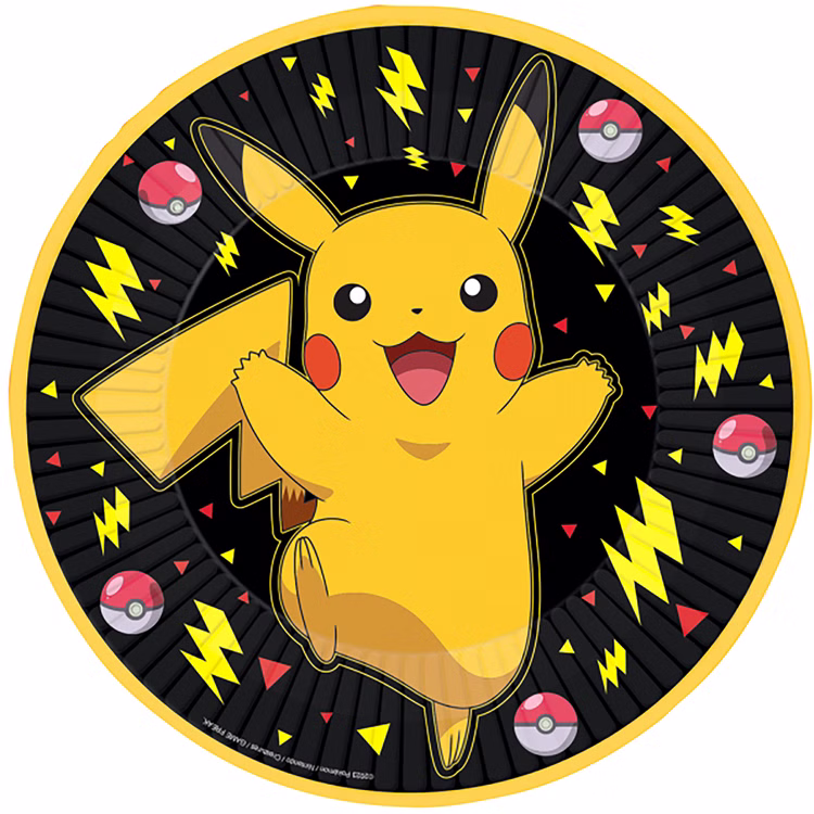 Pokémon Pappteller 8 Stück Ø 23 cm Pikachu Partygeschirr Geburtstag Deko Partyzubehör Kindergeburtstag gedeckter Tisch Runder schwarzer Pokémon-Pappteller mit gelbem Rand, großem Pikachu-Motiv, Pokébällen und gelben Blitzen.