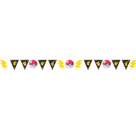 Pokémon Wimpelkette Pikachu 3,3 m – Partydeko Kindergeburtstag Party-Deko Geburtstag Party-Zubehör für Kinder Tisch-Dekoration Pokémon-Wimpelkette aus Papier mit schwarzen Pikachu-Wimpeln, Pokébällen und gelben Blitzen auf weißem Hintergrund.