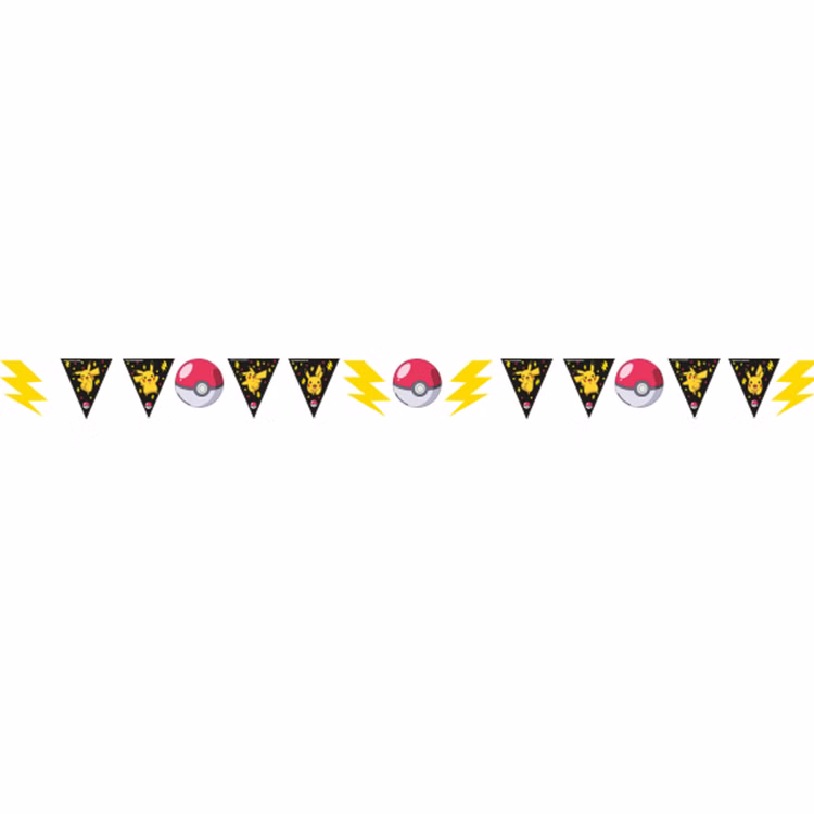 Pokémon Wimpelkette Pikachu 3,3 m – Partydeko Kindergeburtstag Party-Deko Geburtstag Party-Zubehör für Kinder Tisch-Dekoration Pokémon-Wimpelkette aus Papier mit schwarzen Pikachu-Wimpeln, Pokébällen und gelben Blitzen auf weißem Hintergrund.