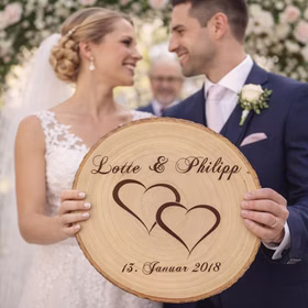Baumscheibe mit Gravur Doppelherz Namen und Datum Hochzeit Jahrestag Holzscheibe Geschenkidee Brautpaar Hochzeitsgeschenk Braut und Bräutigam halten gemeinsam eine gravierte Holz-Baumscheibe mit Namen und Hochzeitsdatum während einer Trauungszeremonie im Freien