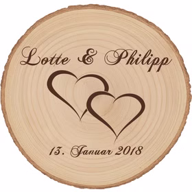 Baumscheibe mit Gravur Doppelherz Namen und Datum Hochzeit Jahrestag Holzscheibe Geschenkidee Brautpaar Hochzeitsgeschenk Runde Baumscheibe aus Holz mit Gravur ‚Lotte & Philipp‘, zwei ineinander verschlungenen Herzen und dem Datum 13. Januar 2018 auf hellem Holzgrund