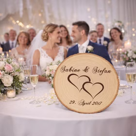 Baumscheibe mit Gravur Doppelherz Namen und Datum Hochzeit Jahrestag Holzscheibe Geschenkidee Brautpaar Hochzeitsgeschenk Personalisierte Baumscheibe mit Hochzeitsgravur als Dekoration auf einer festlich gedeckten Hochzeitstafel, im Hintergrund ein Brautpaar und Hochzeitsgäste in feierlicher Atmosphäre.