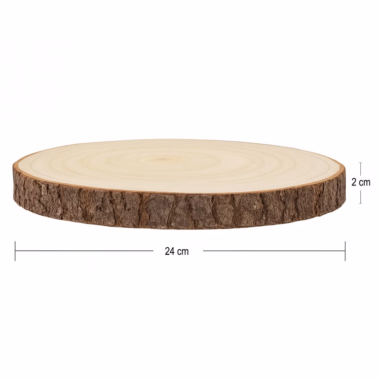 Baumscheibe mit Gravur Doppelherz Namen und Datum Hochzeit Jahrestag Holzscheibe Geschenkidee Brautpaar Hochzeitsgeschenk Runde naturbelassene Baumscheibe aus Holz mit sichtbarer Rinde, Seitenansicht mit Maßangaben: Durchmesser 24 cm und Höhe 2 cm.