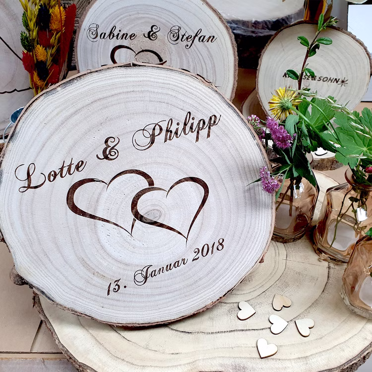 Baumscheibe mit Gravur Doppelherz Namen und Datum Hochzeit Jahrestag Holzscheibe Geschenkidee Brautpaar Hochzeitsgeschenk Verschiedene personalisierte Baumscheiben