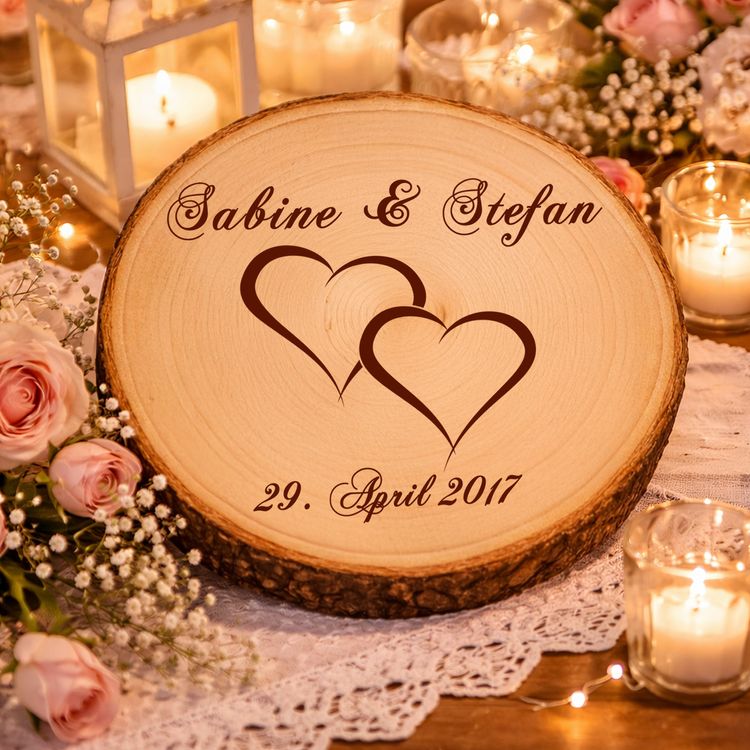 Personalisierte Baumscheibe mit Hochzeitsgravur als Dekoration auf einer festlich gedeckten Hochzeitstafel, im Hintergrund ein Brautpaar und Hochzeitsgäste in feierlicher Atmosphäre.