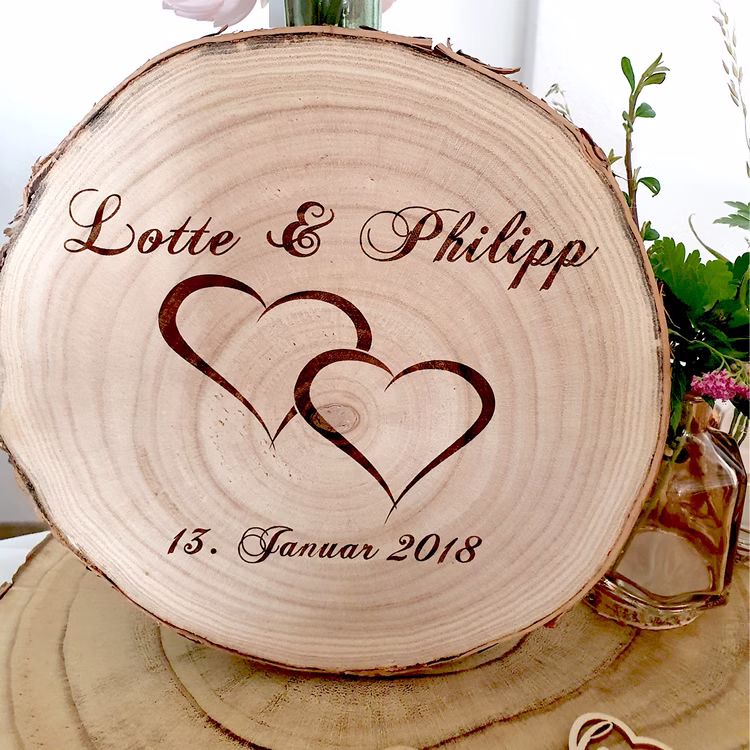 Baumscheibe mit Gravur Doppelherz Namen und Datum Hochzeit Jahrestag Holzscheibe Geschenkidee Brautpaar Hochzeitsgeschenk Personalisierte Baumscheibe mit Blumen.