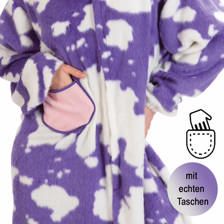 Kuh Kostüm Lila Kuh Kuhnigunde für Erwachsene Onesize Tier Fasching Karneval Mottoparty Partner- und Gruppenkostüme Detailseite Tasche für Hände