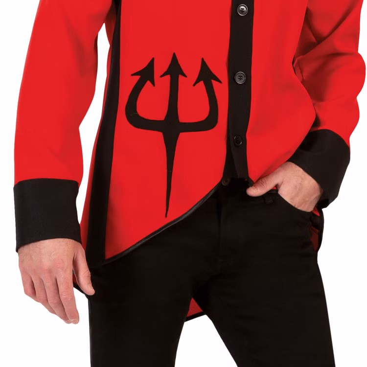Teufel Kostüm LED Sakko Lucifer für Herren Gr. M-XL rot Halloween Fasching Karneval Mottoparty Teufel Kostüm LED Sakko Lucifer für Herren von Vorne Nahaufnahme mit schwarzem Teufel-Dreizack auf der Jacke