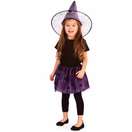 Hexen-Kostüm Set Halloween Rock und Hut Schwarz Lila mit Spinnenmotiv Gr. 104-116 für Kinder Fasching Karneval DIY Kostüm Kinderfasching Hexen-Kostüm Set Halloween Rock und Hut für Kinder von Vorne