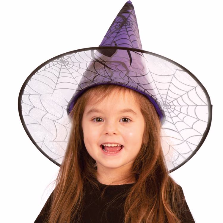Hexen-Kostüm Set Halloween Rock und Hut Schwarz Lila mit Spinnenmotiv Gr. 104-116 für Kinder Fasching Karneval DIY Kostüm Kinderfasching Detailaufnahme Hexenhut von Vorne