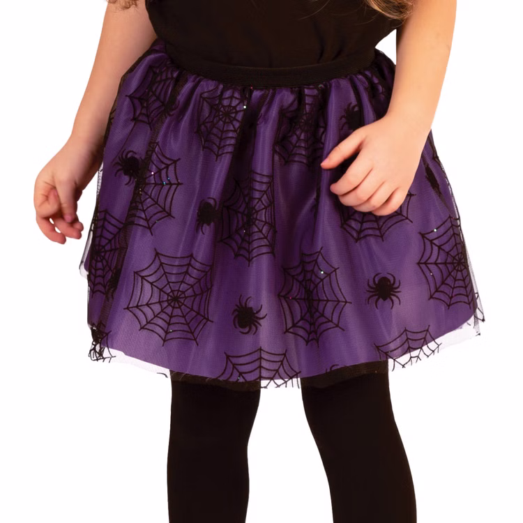 Hexen-Kostüm Set Halloween Rock und Hut Schwarz Lila mit Spinnenmotiv Gr. 104-116 für Kinder Fasching Karneval DIY Kostüm Kinderfasching Detailaufnahme Tüllrock von Vorne