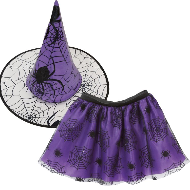 Hexen-Kostüm Set Halloween Rock und Hut Schwarz Lila mit Spinnenmotiv für Kinder Hexen-Kostüm Set Halloween Rock und Hut für Kinder von Vorne