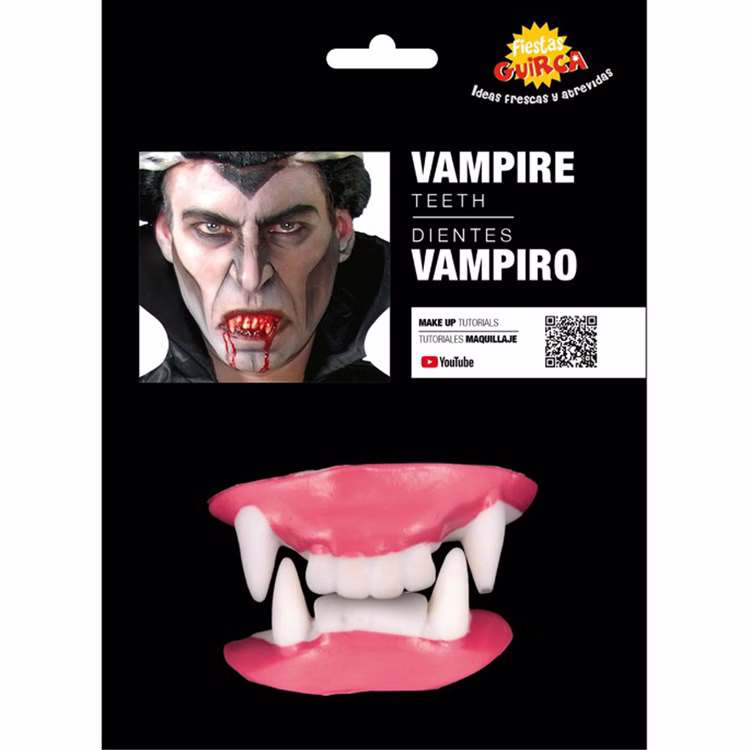 Vampir Zähne Oben und Unten Doppel-Gebiss Dracula Eckzähne für Erwachsene Halloween Fasching Karneval Mottoparty Kostüm-Zubehör Accessoire Vampirgebiss von Vorne in der Verpackung